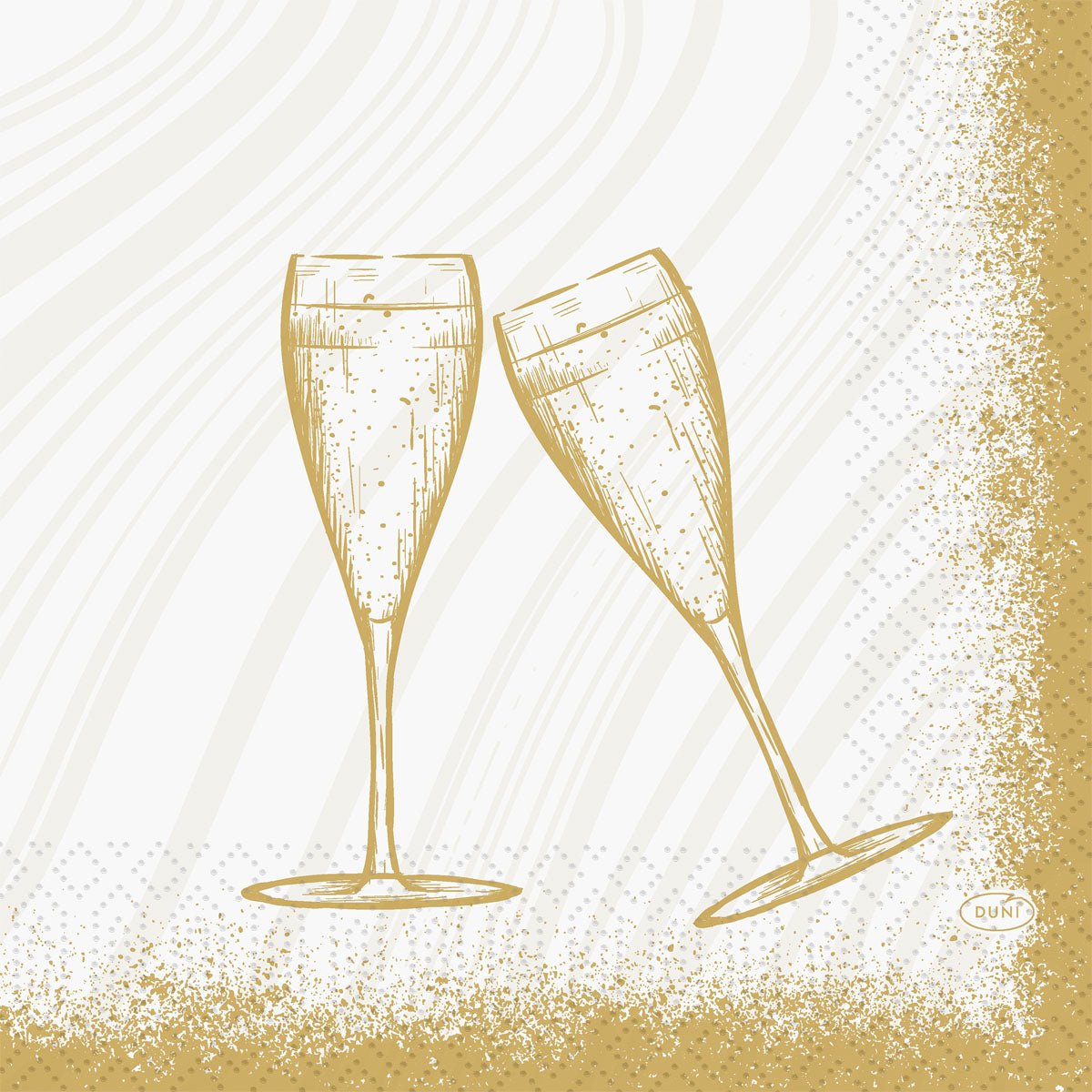 Een eenvoudige gouden lijntekening van twee champagneglazen op wit met goudspetters - ideaal voor Duni GmbH servetten 33 3-laags 1/4 Sparkly Cheers wit (50 stuks) voor stijlvolle feestjes of vieringen.