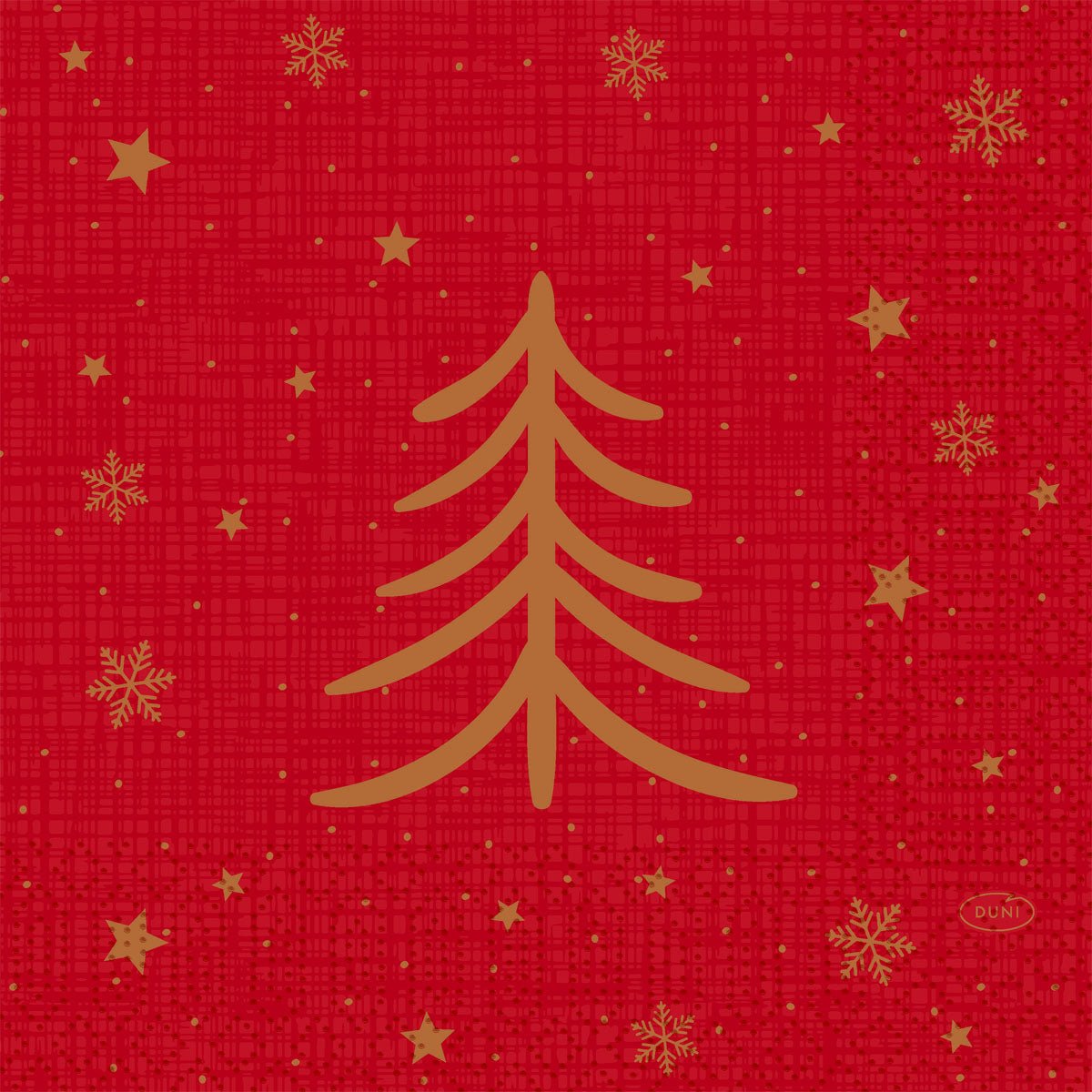 Een gouden gestileerde kerstboom staat op een rode rasterachtergrond met gouden sterren en sneeuwvlokken - ideaal voor de servetten 33x33 3-laags 1/4 Shimmer Trees van Duni GmbH, verpakking (250 stuks).
