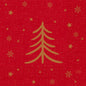 Een gouden gestileerde kerstboom staat op een rode rasterachtergrond met gouden sterren en sneeuwvlokken - ideaal voor de servetten 33x33 3-laags 1/4 Shimmer Trees van Duni GmbH, verpakking (250 stuks).