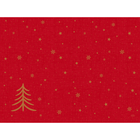 Papier-Tischsets 30x40cm Shimmer Trees von Duni GmbH: Rotes Design mit dezentem Muster, goldenem Weihnachtsbaum unten links, Goldsterne und Schneeflocken - ideal für festliche Tischdekoration. Packung mit 250 Stück.