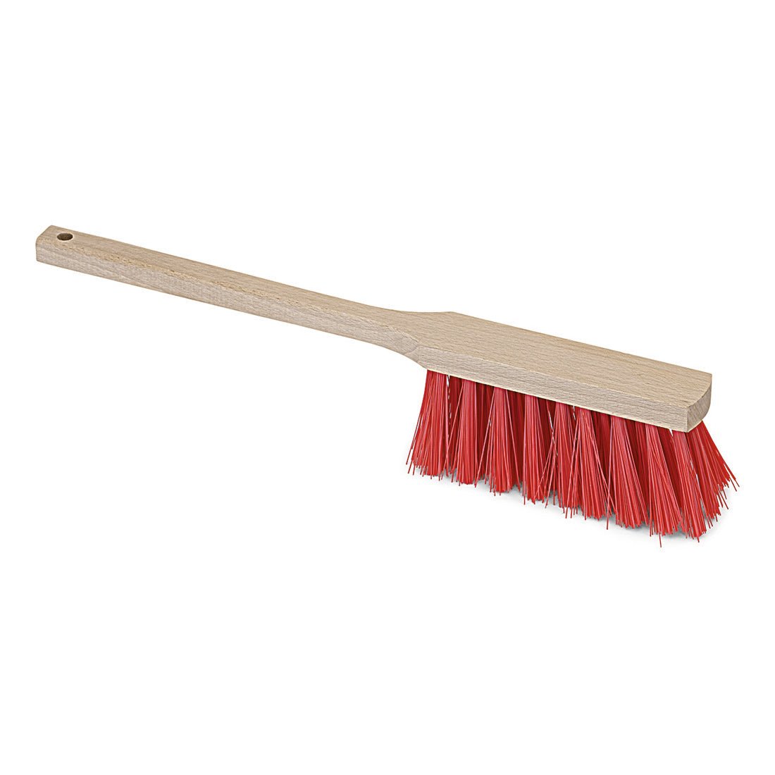 De Nölle Profi Pinsel Langstielhandfeger Elaston, 43 cm, met lichte houten steel en stijve rode borstelharen, heeft een ophanggat. Van Nölle Profi Brush Bürsten- & Pinseltechnik e.K. Afgebeeld op witte achtergrond.