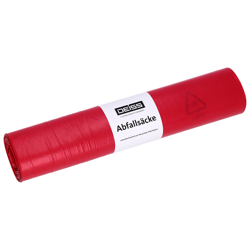 Abgebildet ist eine Rolle DEISS 21705 Typ 100 rot Müllbeutel (25 Säcke, 575x1000 mm) der EMIL DEISS KG (GmbH + Co.) auf weißem Grund - ideal für die gewerbliche Abfallentsorgung.