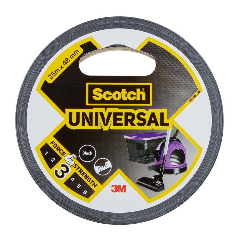 Een rol Scotch® Universal Tape 2904 van 3M Deutschland GmbH, maat 25 m x 48 mm, zwart, kracht 3, voor huishoudelijk gebruik; op het etiket zijn een stofzuiger en een schoonmaakemmer afgebeeld.