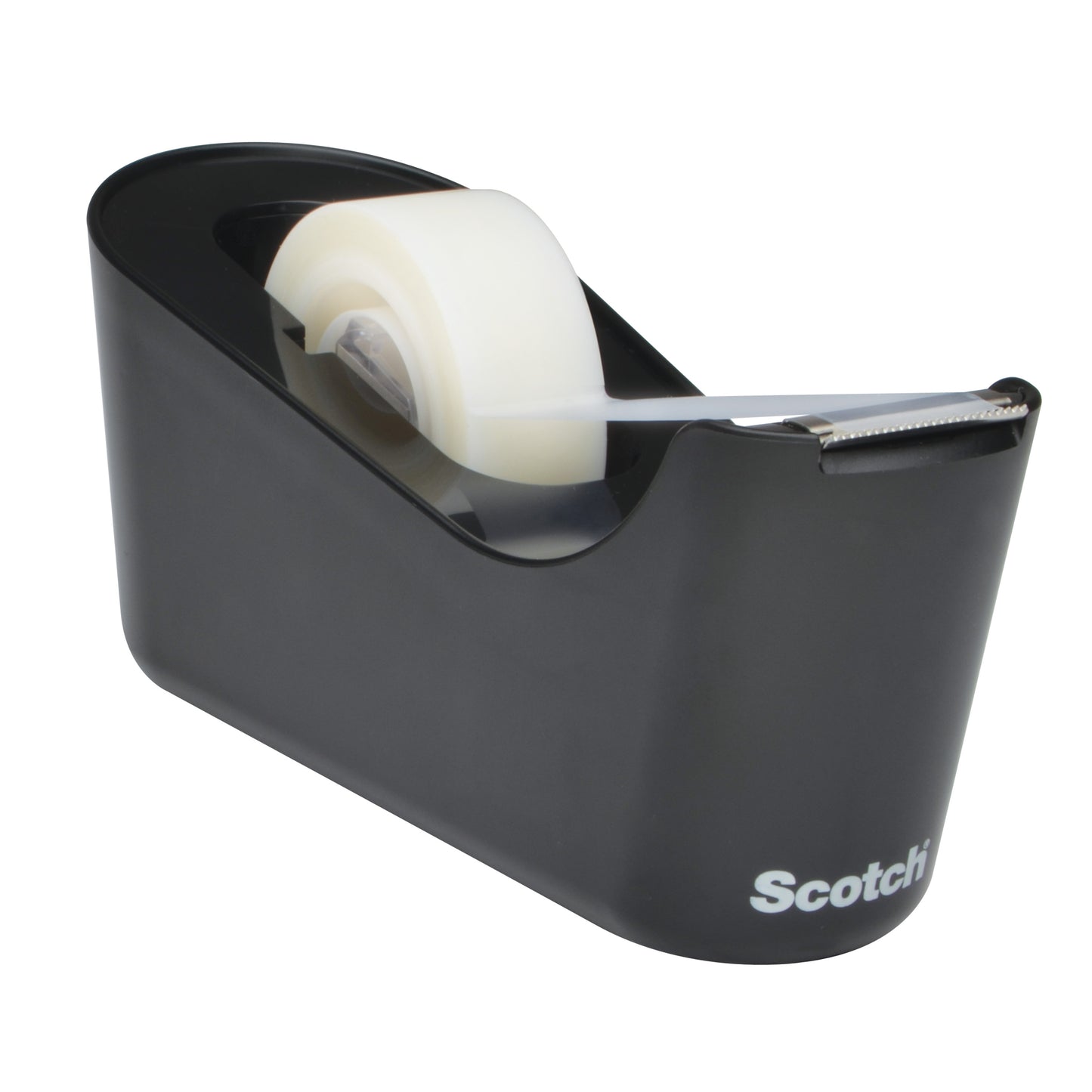 De Scotch™ Tafeldispenser C18 in Zwart incl. Scotch® Magic™ Onzichtbare Tape (1 rol/verpakking) van 3M Deutschland GmbH is ideaal kantooraccessoire - met wit "Scotch" logo vooraan, perfect voor elke werkplek.