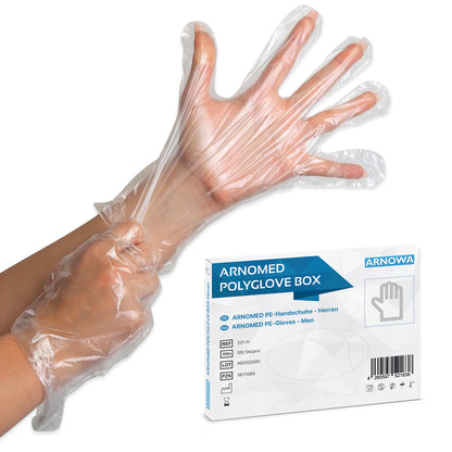 Een persoon trekt een ARNOMED POLYGLOVE BOX - wegwerphandschoenen van PE uit de doos van ARNOWA GmbH aan. Op de voorgrond toont een hygiënische dispenserdoos de productinformatie.