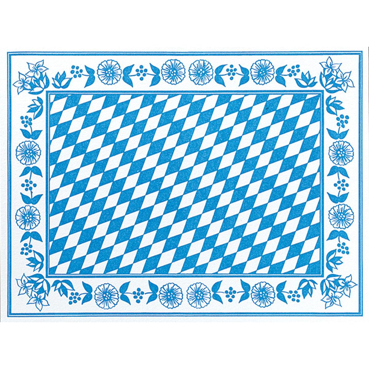 De Dunicel placemats 30x40 cm Bayer Raute van Duni GmbH tonen een blauw-wit ruitpatroon met blauwe bloemen en bladeren op een witte achtergrond - perfect voor elegante gelegenheden. Verpakking van 100 stuks.