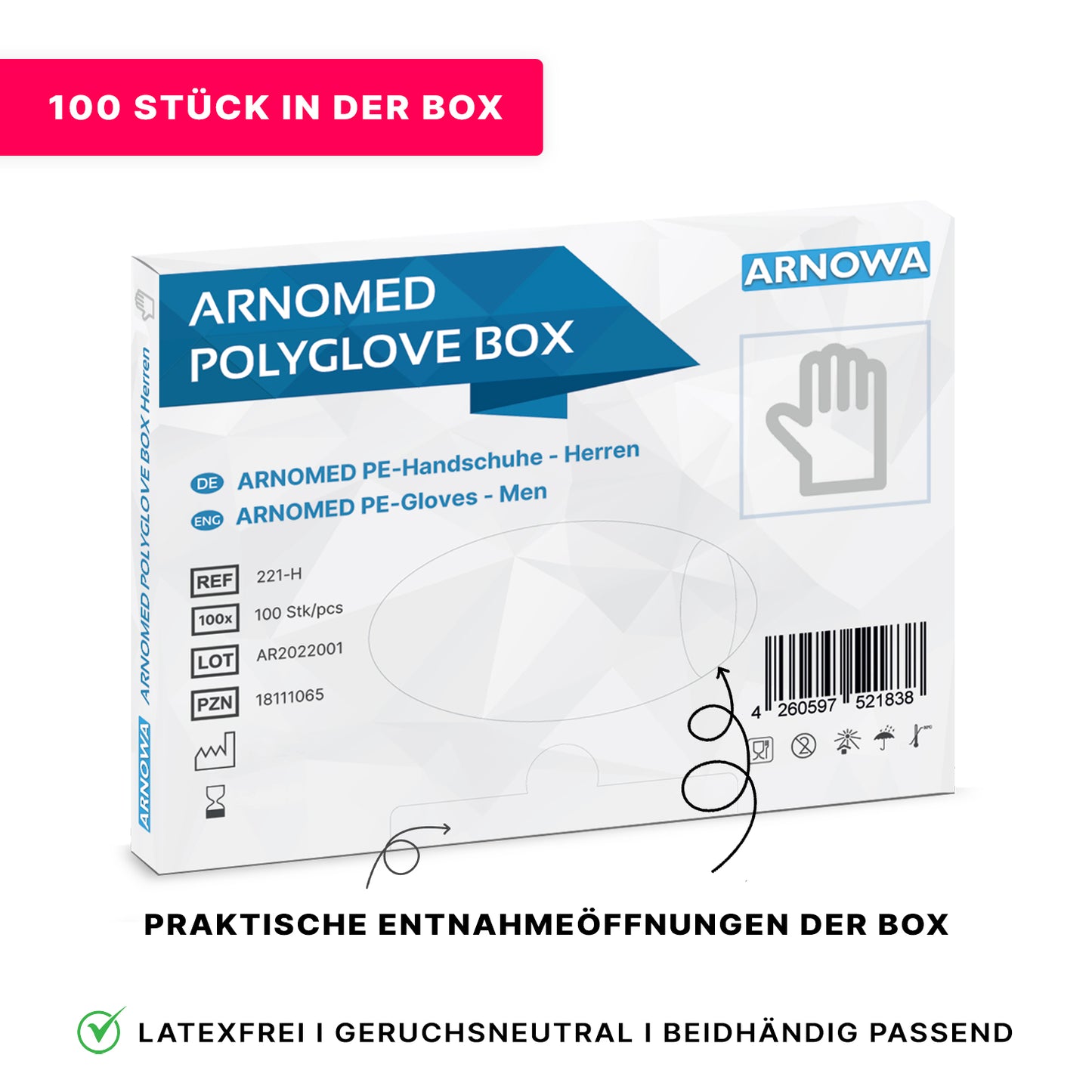 Afbeelding van een ARNOMED POLYGLOVE BOX - wegwerphandschoenen van PE van ARNOWA GmbH, 100 stuks in hygiënische dispenserdoos. Verpakking met productdetails in het Duits/Engels, barcode en iconen voor latexvrij, geurloos en voor beide handen geschikt.