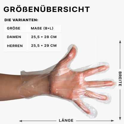 Een hand draagt een ARNOMED POLYGLOVE BOX wegwerphandschoen van ARNOWA GmbH van PE. Pijlen tonen lengte en breedte, daarbij staan de maten: Dames (25,5 x 28 cm), Heren (25,5 x 29 cm). Praktisch uit de hygiënische dispenserdoos.