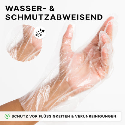Een ARNOMED POLYGLOVE BOX wegwerphandschoen van PE van ARNOWA GmbH beschermt tegen vloeistoffen en verontreinigingen, is water- en vuilafstotend en komt in een hygiënische dispenserdoos met druppelicoon.