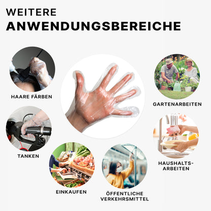 Een diagram met de titel "Andere toepassingsgebieden" toont een gehandschoende hand - passend bij ARNOMED POLYGLOVE BOX wegwerphandschoenen van ARNOWA GmbH - omgeven door iconen voor haren verven, tuinieren, tanken, huishouden, winkelen en openbaar vervoer. Ideaal uit de dispenserdoos.