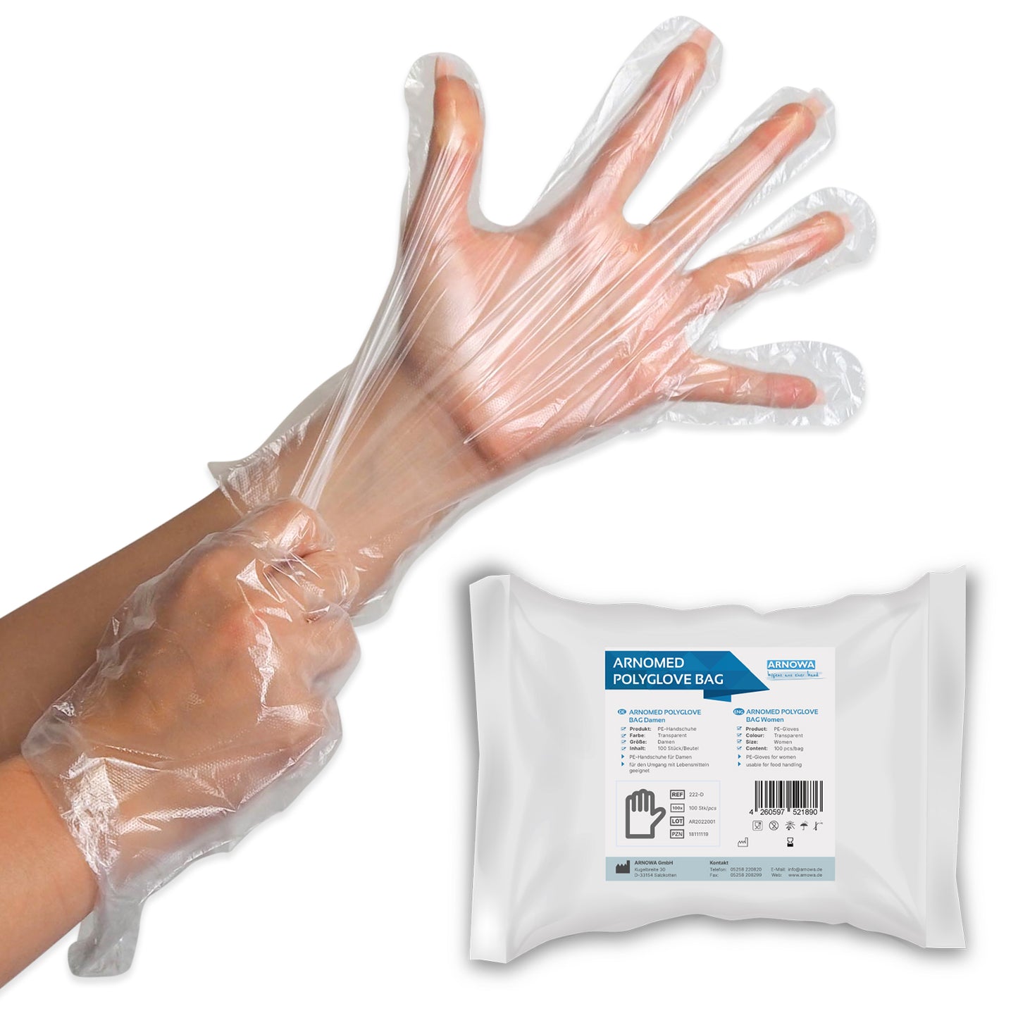 Een persoon draagt een transparante wegwerphandschoen ARNOMED POLYGLOVE BAG wegwerphandschoenen van PE van ARNOWA GmbH. In de buurt bevindt zich een witte verpakking met productinformatie en een barcode op het etiket.