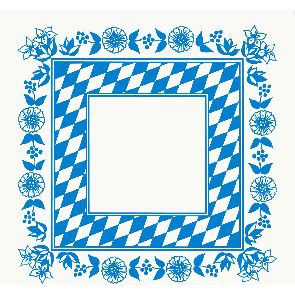 Een vierkante Dunicel middenkleed 84x84 cm van Duni GmbH met blauw-witte Beierse ruitrand, blauwe bloemenrand op witte achtergrond en een lege midden - perfect voor een stijlvolle tafeldecoratie. Verpakking: 20 stuks.
