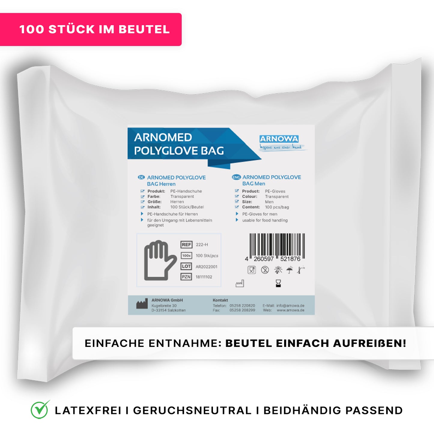 Een witte verpakking van ARNOMED POLYGLOVE BAG wegwerphandschoenen van PE van ARNOWA GmbH bevat productinformatie, een barcode en bedrijfsgegevens. Roze banners benadrukken "100 stuks in de zak" en instructies voor eenvoudig openen.