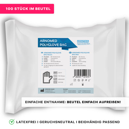 Een witte verpakking van ARNOMED POLYGLOVE BAG wegwerphandschoenen van PE van ARNOWA GmbH bevat productinformatie, een barcode en bedrijfsgegevens. Roze banners benadrukken "100 stuks in de zak" en instructies voor eenvoudig openen.