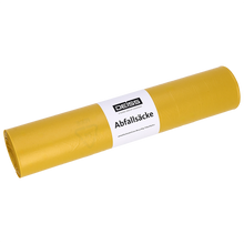 Eine gelbe Rolle DEISS 23010 Müllsäcke, 700x1100 mm (Typ 60), Packung mit 25 Stück von EMIL DEISS KG (GmbH + Co.), mit weißem Etikett auf weißem Hintergrund.