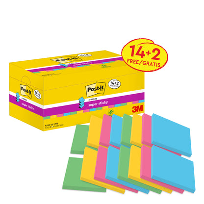 Een gele doos met Post-it® Super Sticky Z-Notes (3M Deutschland GmbH), 76x76 mm, 14 blokken + 2 gratis, toont blauwe, roze, gele en groene kleefnotities; 100% PEFC-gecertificeerd (SGSCH-PEFC-COC-110078), 90 vel/blok.