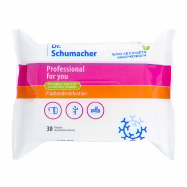 Een 30-pack oppervlaktedesinfectiedoekjes van Dr. Schumacher GmbH Professional for you in de kleuren wit, roze en oranje voor residuvrije reiniging van oppervlakken, met reinigingspictogrammen op de verpakking.