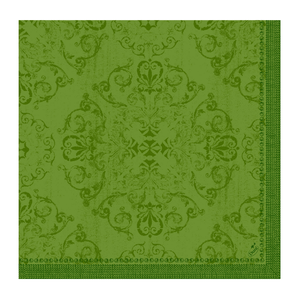 Een Dunilin®-servet van Duni GmbH in het formaat 40 x 40 cm in groen met een kunstig bloemen- en krulpatroon. Het symmetrische ontwerp kenmerkt zich door ingewikkelde details, terwijl de rand een herhalend geometrisch motief toont en zo een weelderig ontwerp belichaamt.