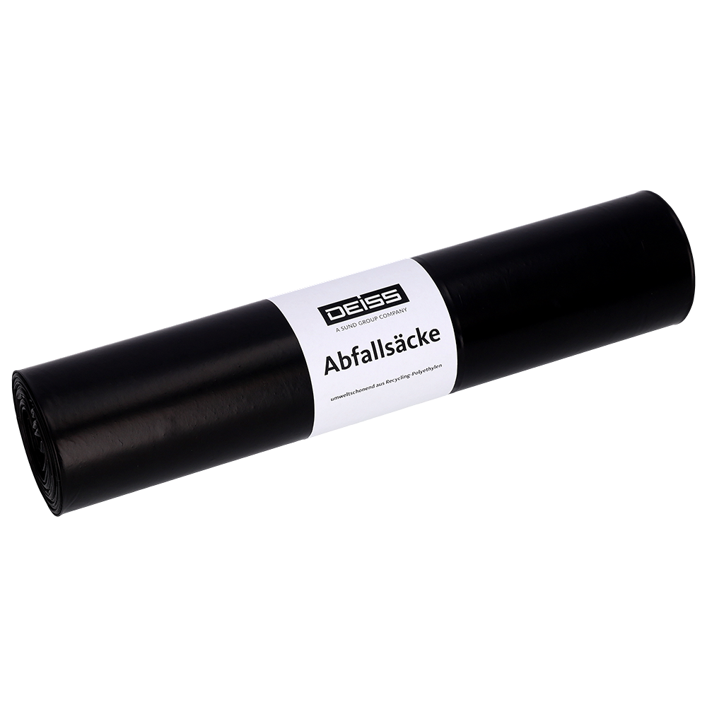 Eine Rolle EMIL DEISS KG (GmbH + Co.) DEISS 25770 Müllsäcke (575x1000 mm, Typ 60, schwarz, 25 Stück) mit weißem Mitteletikett erscheint auf einfarbigem hellem Hintergrund.