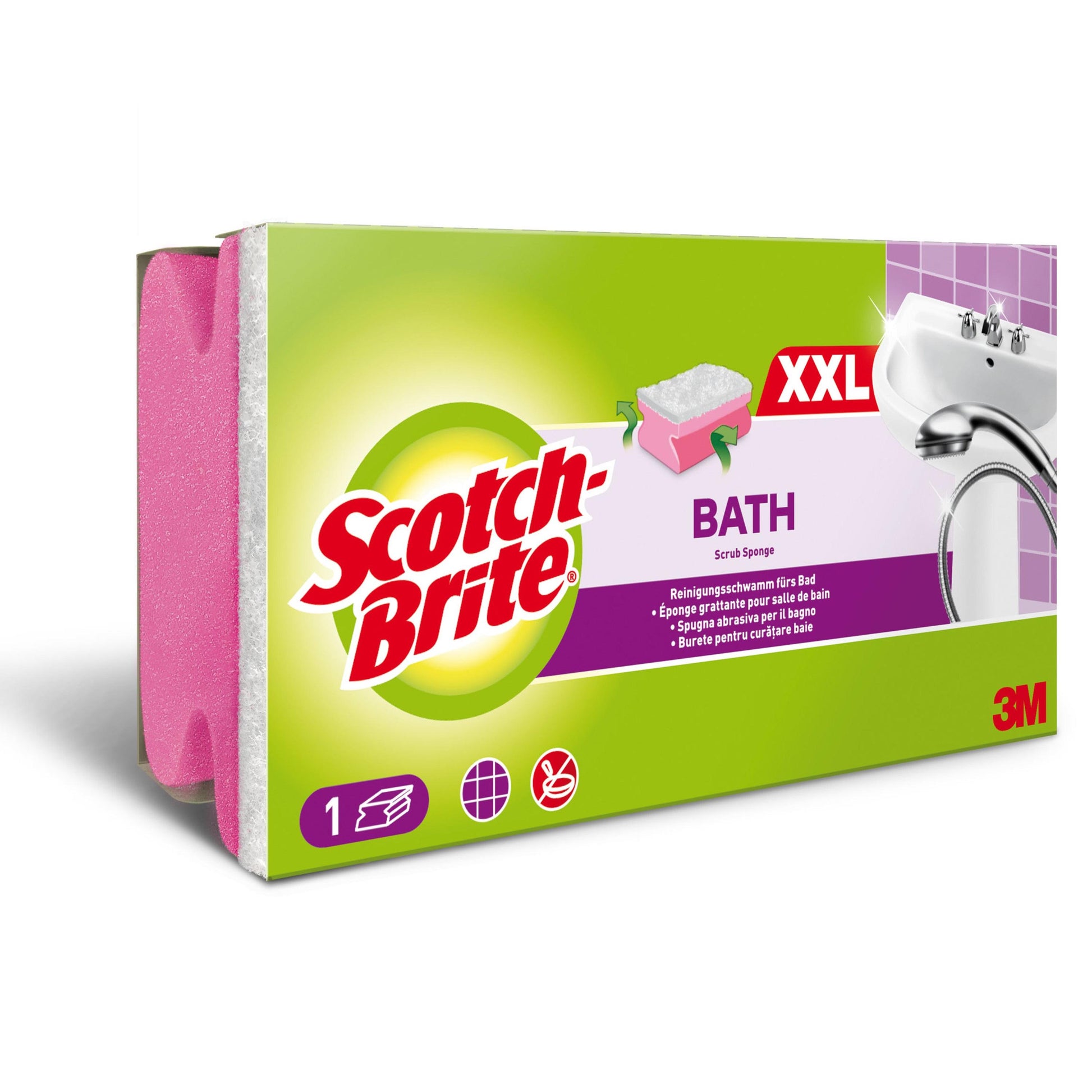 Eine rechteckige Verpackung der 3M Deutschland GmbH Scotch-Brite® Bath Griffschwamm XXL für das Bad (1 Stück) zeigt einen rosafarbenen Reinigungsschwamm und eine grüne und lila Verpackung mit Produktbildern und mehrsprachigem Text.