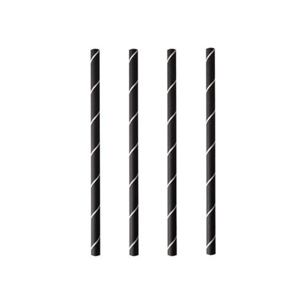 Vier PAPSTAR cocktailrietjes 7 mm, zwart/wit "Stripes", 15 cm (250 stuks) van PAPSTAR GmbH zijn verticaal op een witte achtergrond gerangschikt en benadrukken deze stijlvolle en milieuvriendelijke papieren rietjes.