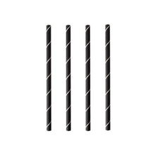 Vier PAPSTAR Cocktailstrohhalme 7 mm, schwarz/weiß "Stripes", 15 cm (250 Stück) der PAPSTAR GmbH sind senkrecht auf weißem Hintergrund angeordnet und heben diese stilvollen und umweltfreundlichen Papierstrohhalme hervor.