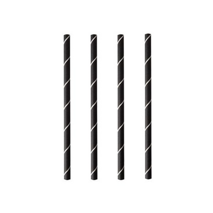 Vier PAPSTAR cocktailrietjes 7 mm, zwart/wit "Stripes", 15 cm (250 stuks) van PAPSTAR GmbH zijn verticaal op een witte achtergrond gerangschikt en benadrukken deze stijlvolle en milieuvriendelijke papieren rietjes.