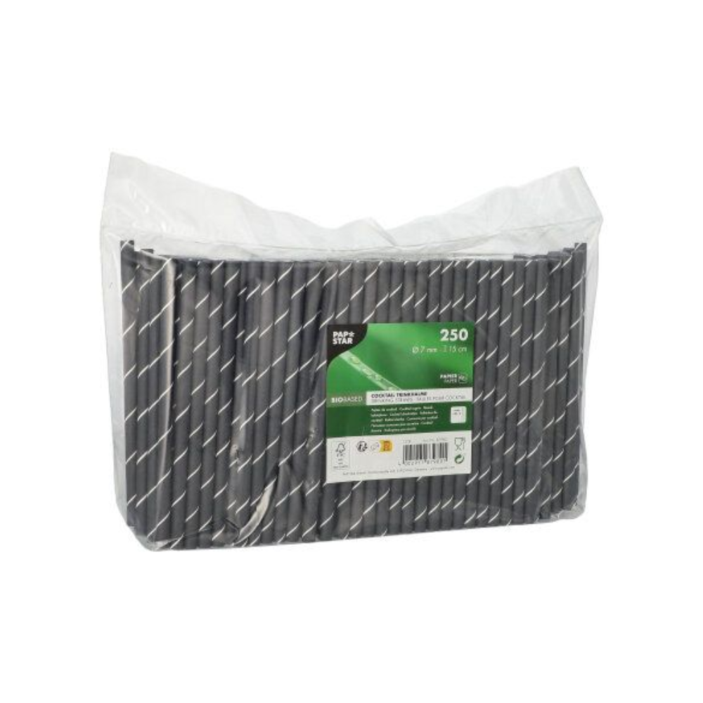 Een doorzichtige kunststofverpakking met 250 PAPSTAR GmbH cocktailrietjes, 7 mm x 15 cm, in zwart/wit gestreept patroon. Op de voorkant is een groen-wit PAPSTAR-productlabel te zien.