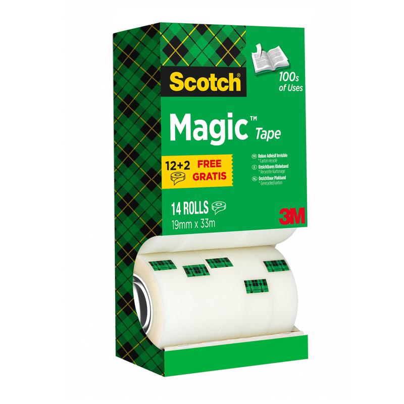 Een groene doos Scotch® Magic™ Onzichtbare Plakband van 3M (Voordeelverpakking: 14 rollen, 19 mm x 33 m, 1 stuk), gemarkeerd met "12+2 gratis". Het gebruik van de plakband wordt getoond; vier rollen zijn gedeeltelijk zichtbaar door een opening.