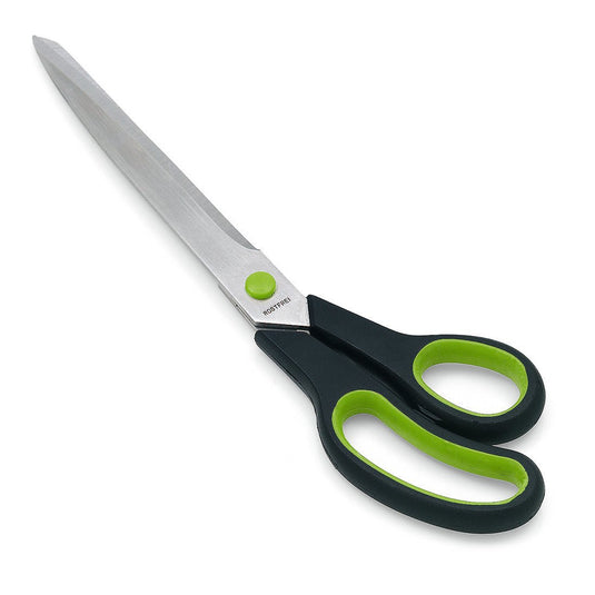 De Nölle Profi Brush Tapezierschere 2K11 met roestvrijstalen bladen en zwart-groene ergonomische handgrepen zorgt voor precieze sneden; afgebeeld op een witte achtergrond. Merk: Nölle Profi Brush Borstel- & Penseeltechniek e.K.