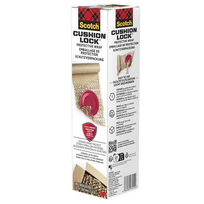 Een doos Scotch™ Cushion Lock™ Beschermverpakking (30,4 cm x 9,14 m, 1 rol) van 3M Deutschland GmbH wordt rechtopstaand getoond met branding en meertalige tekst die de luchtkussenbescherming voor kwetsbare voorwerpen benadrukt.