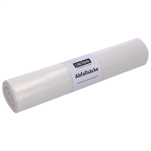 Abgebildet ist eine weiße Rolle Müllbeutel der EMIL DEISS KG (GmbH + Co.) mit der Aufschrift "DEISS 29070 - 700x1100 mm Typ 60 transparent | Rolle (25 Stück)" vor einem einfarbigen hellen Hintergrund.