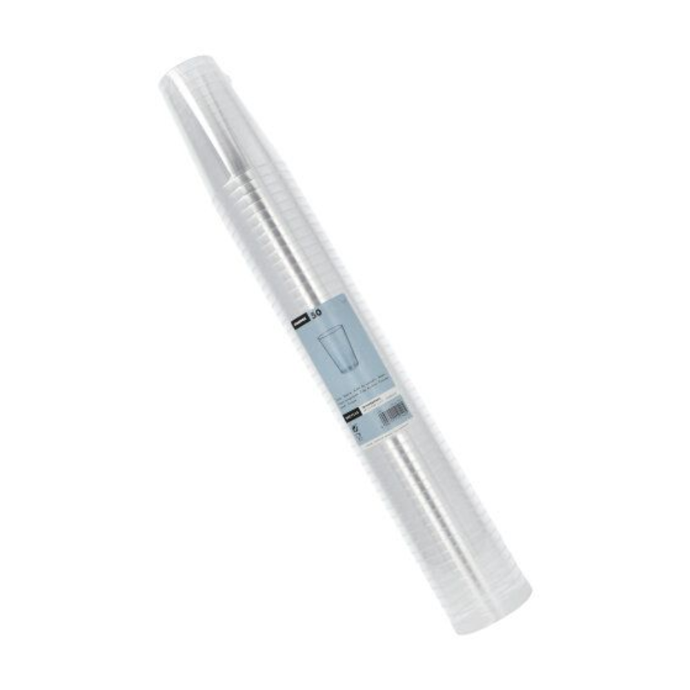 Een stapel doorzichtige Starpak-plasticbekers, verpakt in een transparante verpakking met een blauw etiket waarop 50 bekers staan aangegeven.