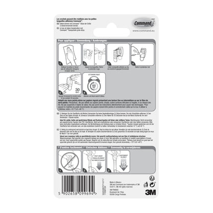 Rückseite einer 3M Deutschland GmbH Command™ Mini-Haken, 17006-Verpackung mit mehrsprachiger Anleitung, Diagrammen zur werkzeuglosen Montage, Verwendung von Klebestreifen, Warnhinweisen, Produktdetails, Barcode - rückstandsfrei ablösbar.