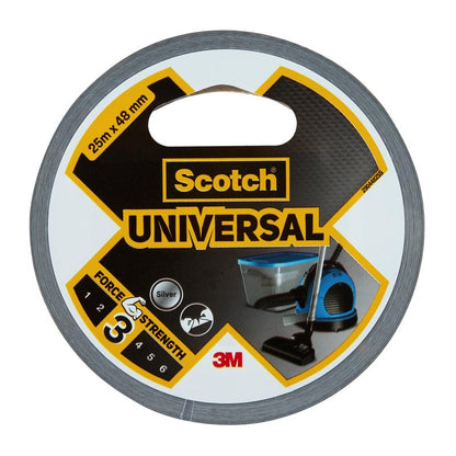 Een rol Scotch® Universal Tape 2904, 25 m x 48 mm van 3M Deutschland GmbH, zilverkleurig met een kracht van 3/6. De verpakking toont de symbolen van een stofzuiger en een ventilator en zichtbare logo's van Scotch en 3M.
