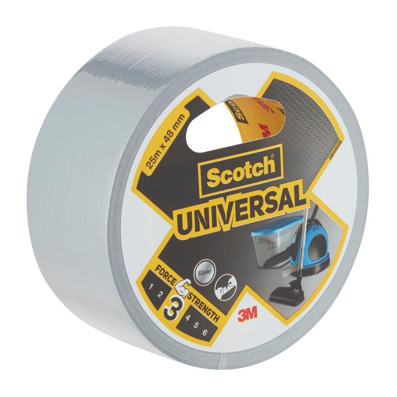Een rol Scotch® Universal Tape 2904 van 25 m x 48 mm van 3M Deutschland GmbH met de productmarkering van sterkteklasse 3 en het 3M-logo.