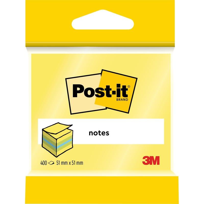 Een pakje Post-it® Notes Mini Kubus van 3M Deutschland GmbH, 51 mm x 51 mm, 400 vellen per blok, in gele verpakking met het Post-it-logo en de afbeelding van een stapel notities; aan de voorkant gemarkeerd met "400", "51 mm x 51 mm" en "notes".