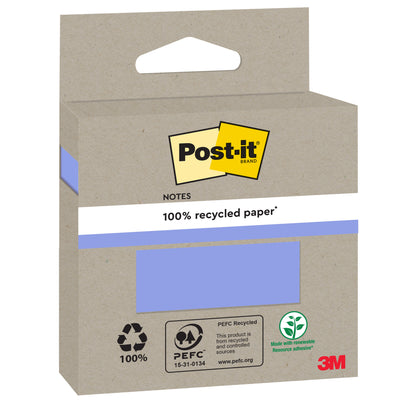 Eine braune Kartonpackung Post-it® Recycling Notes (76x76mm, 100 Blatt, 100% PEFC) der 3M Deutschland GmbH ist mit Öko-Zertifikaten und einem blauen Abschnitt auf der Vorderseite versehen, der die Farbe der Notizen anzeigt.