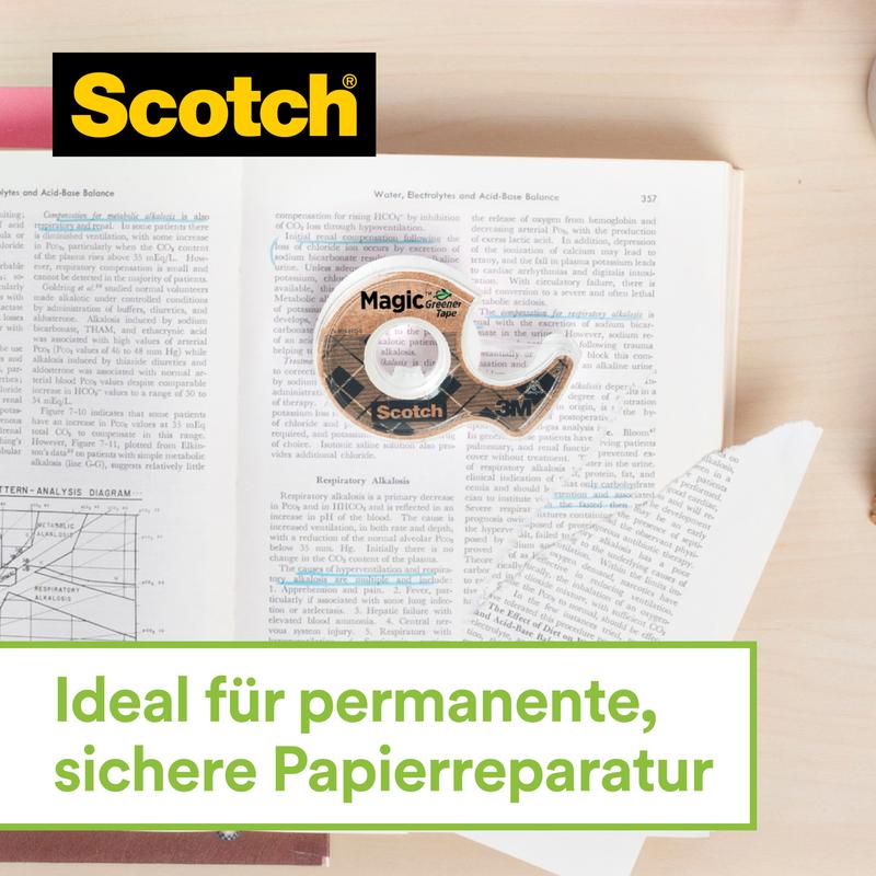 De Scotch™ roestvrijstalen plakbandhouder in zilver met Scotch® Magic™ plakband (66% plantaardige lijm, 19 mm x 13,9 m, 2 rollen) van 3M Deutschland GmbH is ideaal voor veilige, permanente papierreparaties.