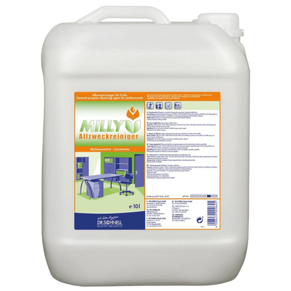 Een 10-liter kunststofcontainer van DR.SCHNELL GmbH & Co. KGaA Dr. Schnell MILLY ALLZWECKREINIGER-concentraat heeft een kleurrijk etiket met productinformatie en kantoormeubilair, perfect voor huishoudelijke reiniging en krachtige vetverwijdering.
