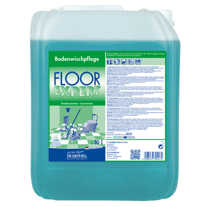 Een 10-liter container van Dr. Schnell FLOOR EXPERT van DR.SCHNELL GmbH & Co. KGaA is voorzien van een groen-blauw etiket met een grafiek van een reinigingsmachine en een Duitse handleiding. De blauw-groene vloeistof is ideaal voor professionele vloerreiniging.