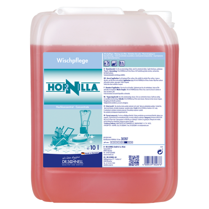 Ein 10-Liter-Behälter von Dr. Schnell HORNILLA der DR.SCHNELL GmbH & Co. KGaA, gefüllt mit roter Flüssigkeit. Das deutsche Etikett zeigt Produktangaben, Gebrauchsanweisungen und Sicherheitssymbole für kraftvolle Reinigung.