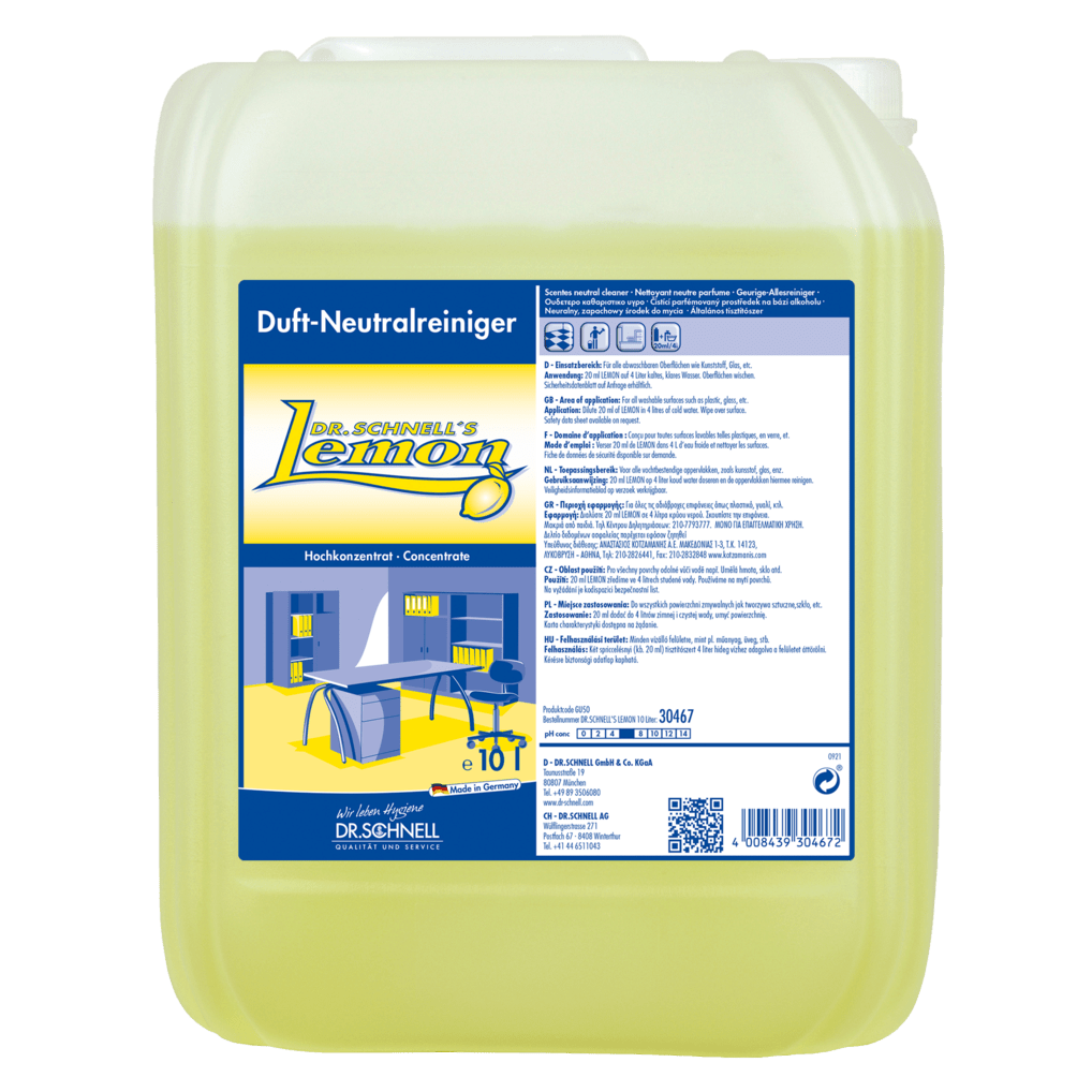 Een 10-liter verpakking Dr. Schnell DR.SCHNELL'S LEMON van DR.SCHNELL GmbH & Co. KGaA met gele vloeistof en een blauw-geel etiket met productinformatie, ideaal voor de effectieve reiniging in het huishouden.