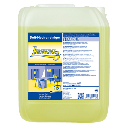 Een 10-liter verpakking Dr. Schnell DR.SCHNELL'S LEMON van DR.SCHNELL GmbH & Co. KGaA met gele vloeistof en een blauw-geel etiket met productinformatie, ideaal voor de effectieve reiniging in het huishouden.