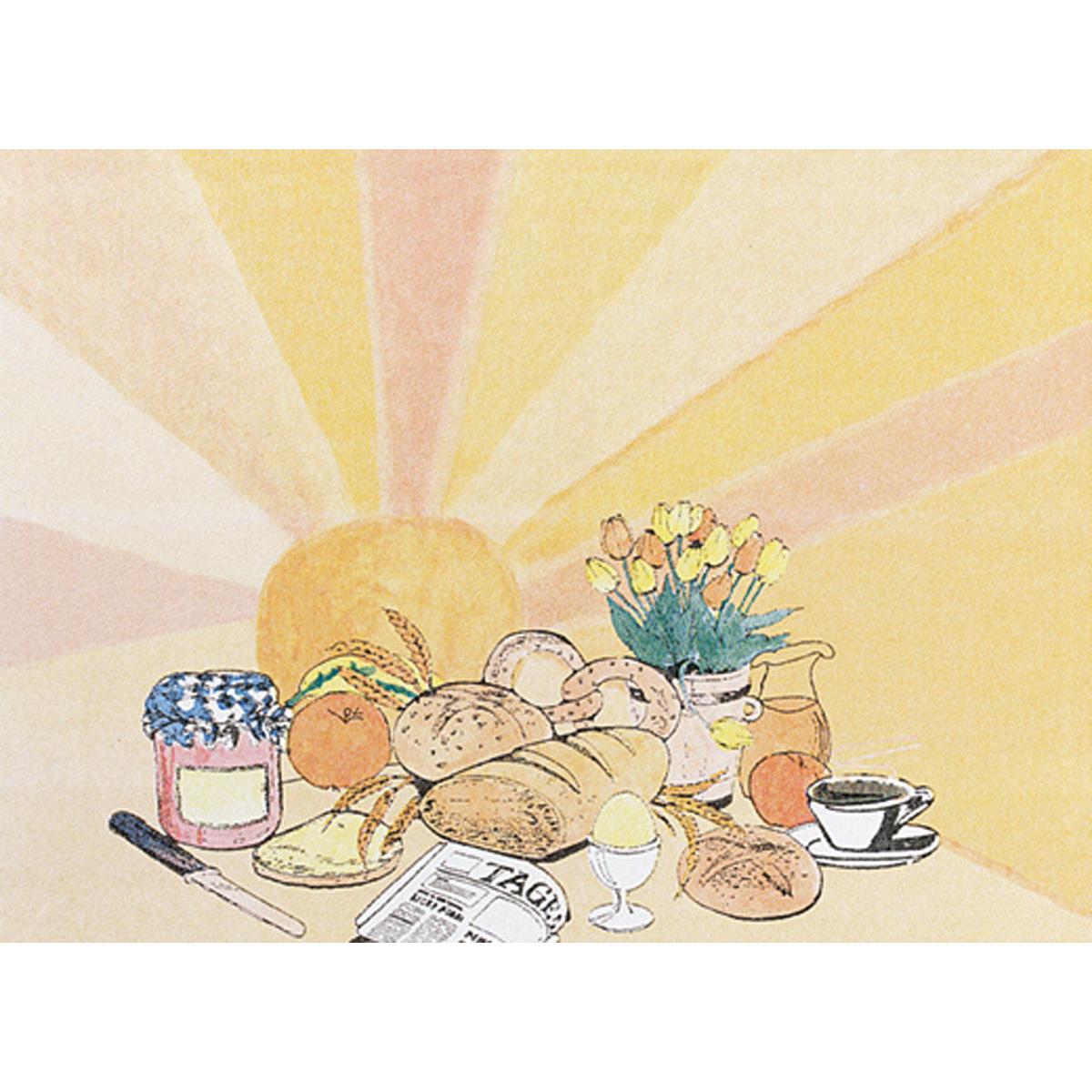 Ein Frühstückstisch mit Brot, Marmelade, Kaffee, Obst und Blumen ist auf Dunicel Tischsets 30x40 cm von Duni GmbH (100 Stück) gedeckt, während im Hintergrund die Morgensonne aufgeht - perfekt für Feste und Feiern.