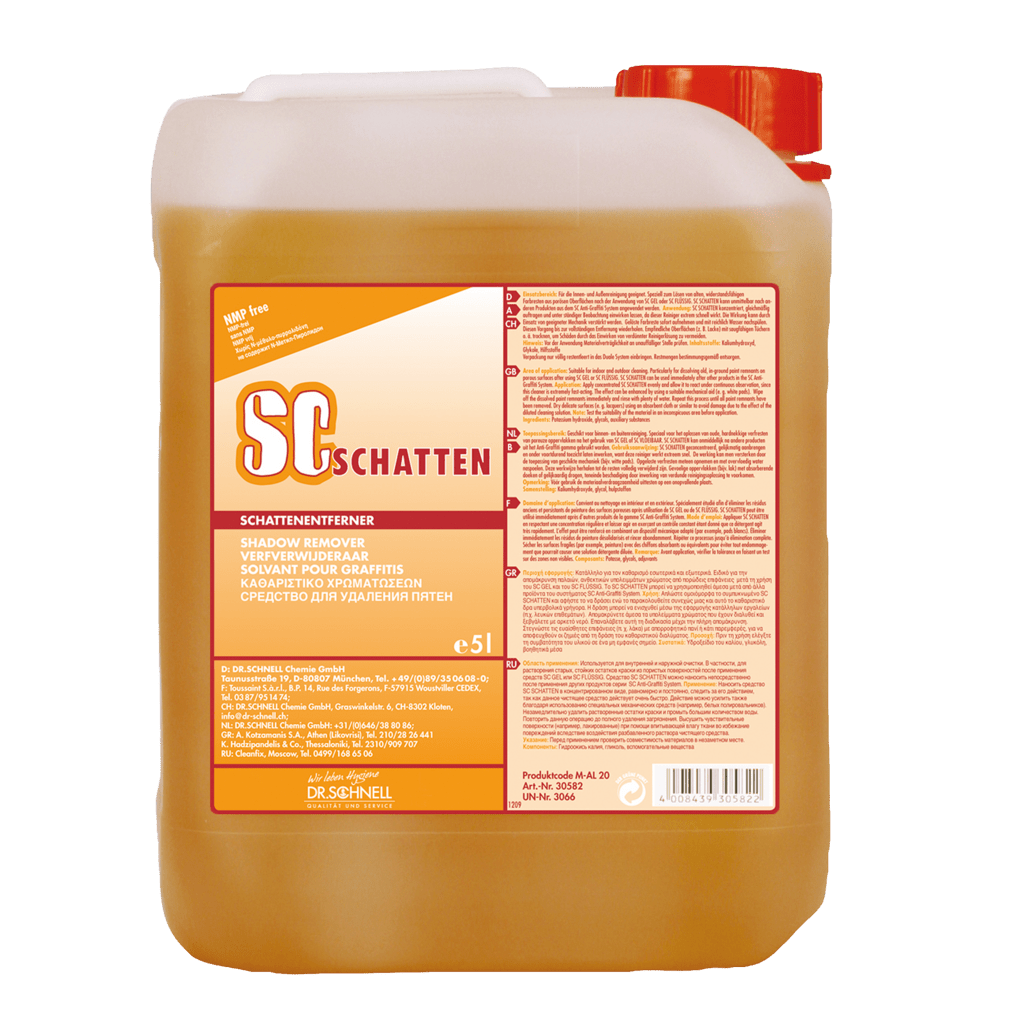 Een 5-liter jerrycan van de Dr. Schnell SC SCHATTEN Graffitiverwijderaar van DR.SCHNELL GmbH & Co. KGaA, een effectieve verwijderaar voor graffiti-schaduwen, met productinformatie en meertalige handleiding op het etiket.