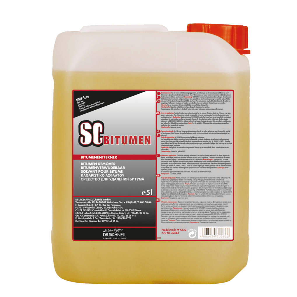 De 5-liter kunststofkanister van de Dr. Schnell SC BITUMEN Graffitiverwijderaar van DR.SCHNELL GmbH & Co. KGaA heeft een rode dop, een meertalig etiket met gevareninformatie en is ideaal als krachtige oppervlaktereiniger voor hardnekkige resten.