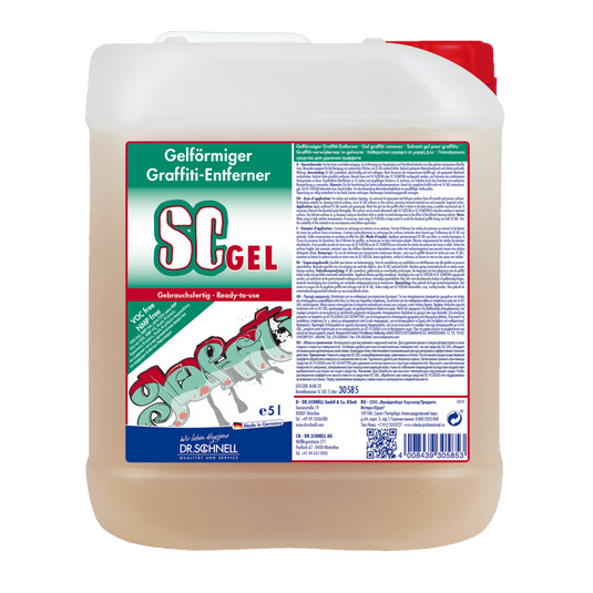 Een verpakking van 5 liter Dr. Schnell De SC GEL-graffitiverwijderaar van DR.SCHNELL GmbH & Co. KGaA is voorzien van een groen-rood etiket met gebruiksaanwijzingen en een afbeelding van graffiti – ideaal voor het effectief verwijderen van graffiti.