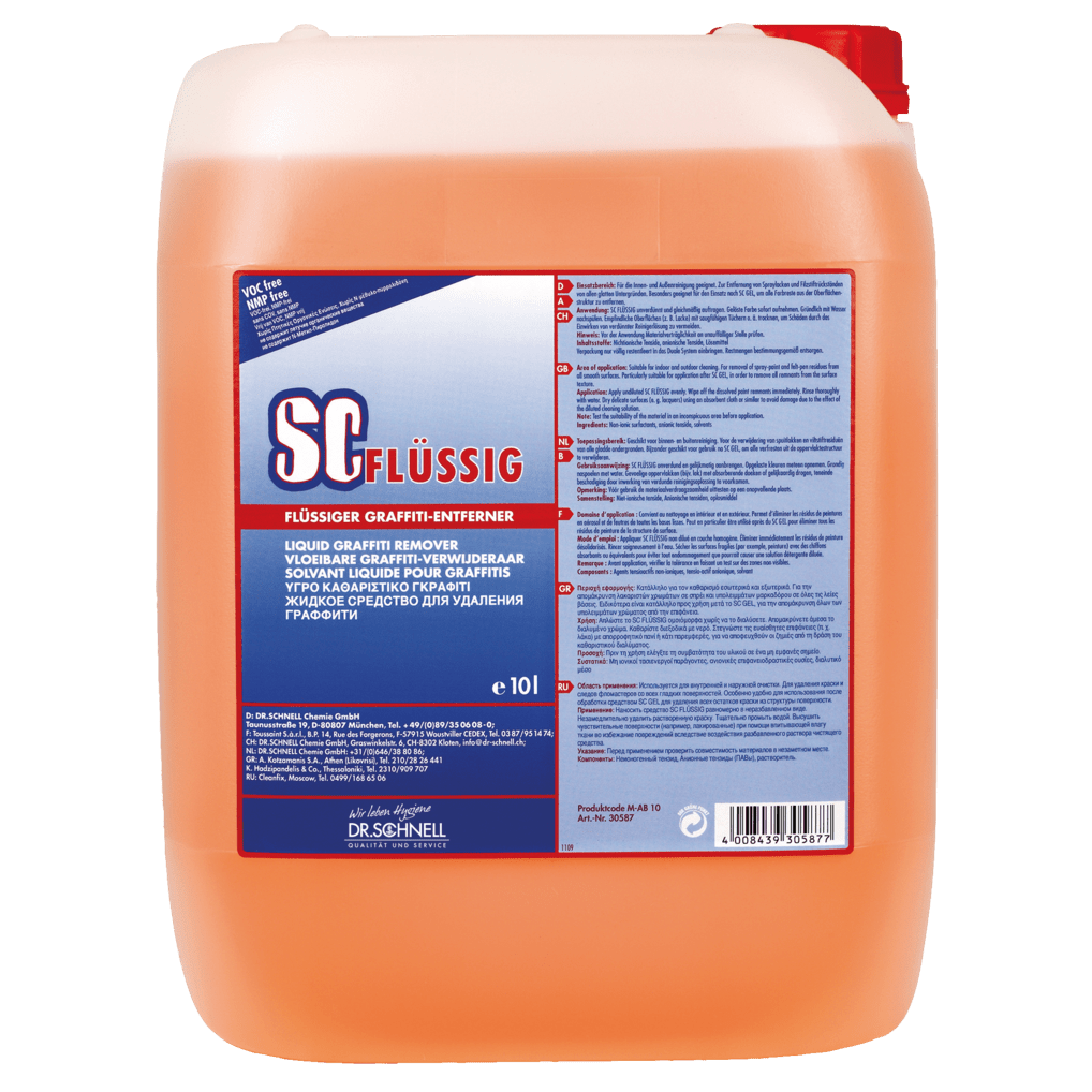 Een 10-liter container van doorzichtig kunststof met oranje vloeistof en een rode dop. Op het etiket staat "Dr. Schnell SC VLOEIBARE Graffitiverwijderaar" van DR.SCHNELL GmbH & Co. KGaA, met productinformatie in meerdere talen.