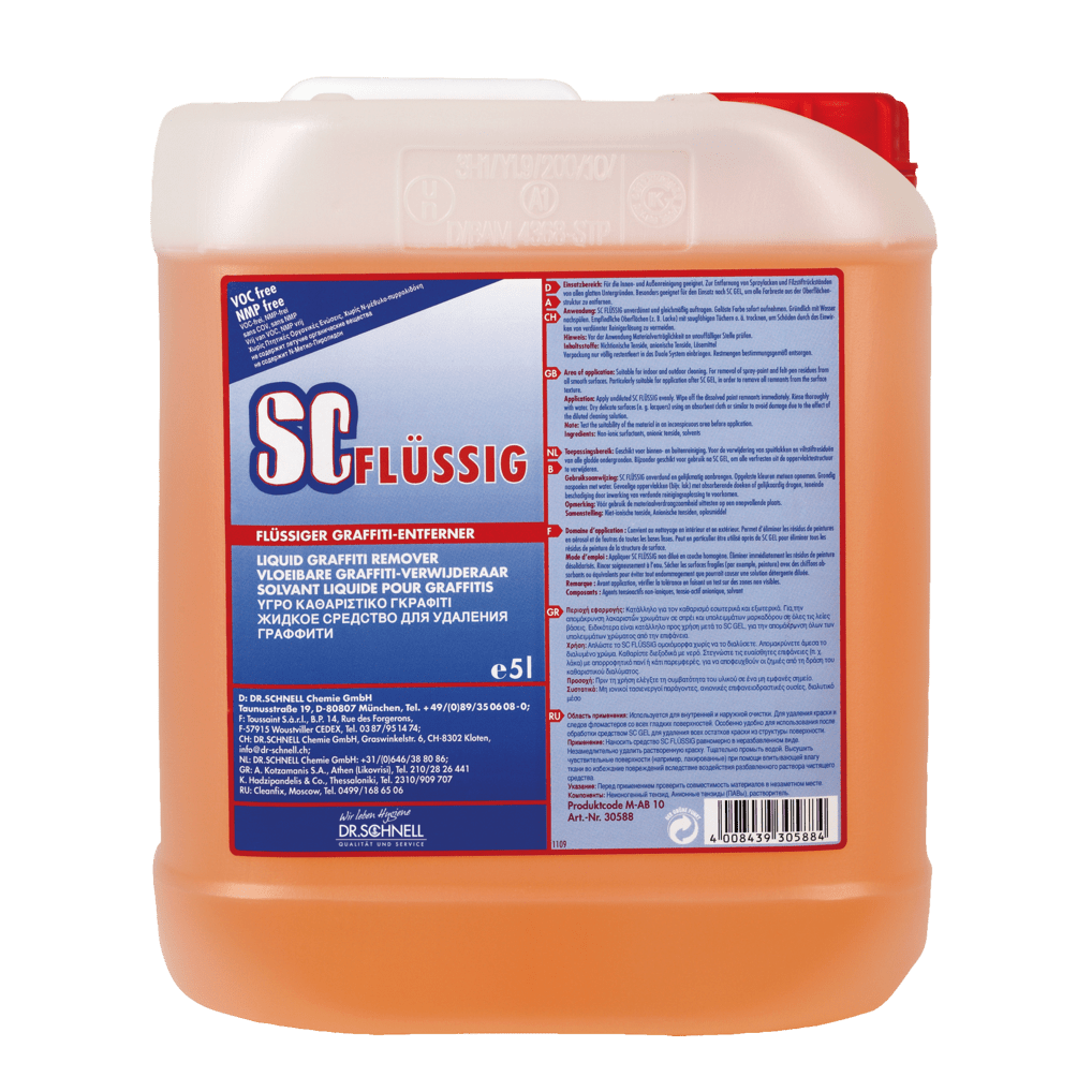 Een 5-liter kunststofcontainer van Dr. Schnell SC VLOEIBARE Graffitiverwijderaar van DR.SCHNELL GmbH & Co. KGaA, gevuld met oranje vloeistof en voorzien van meertalige productinformatie en veiligheidsinstructies voor graffitiverwijdering.